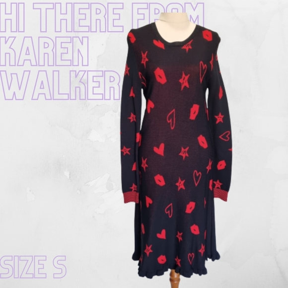 Karen Walker Dresses & Skirts - Hi There Karen Walker Black & Red Heart & Lip Print Knit Dress Size S